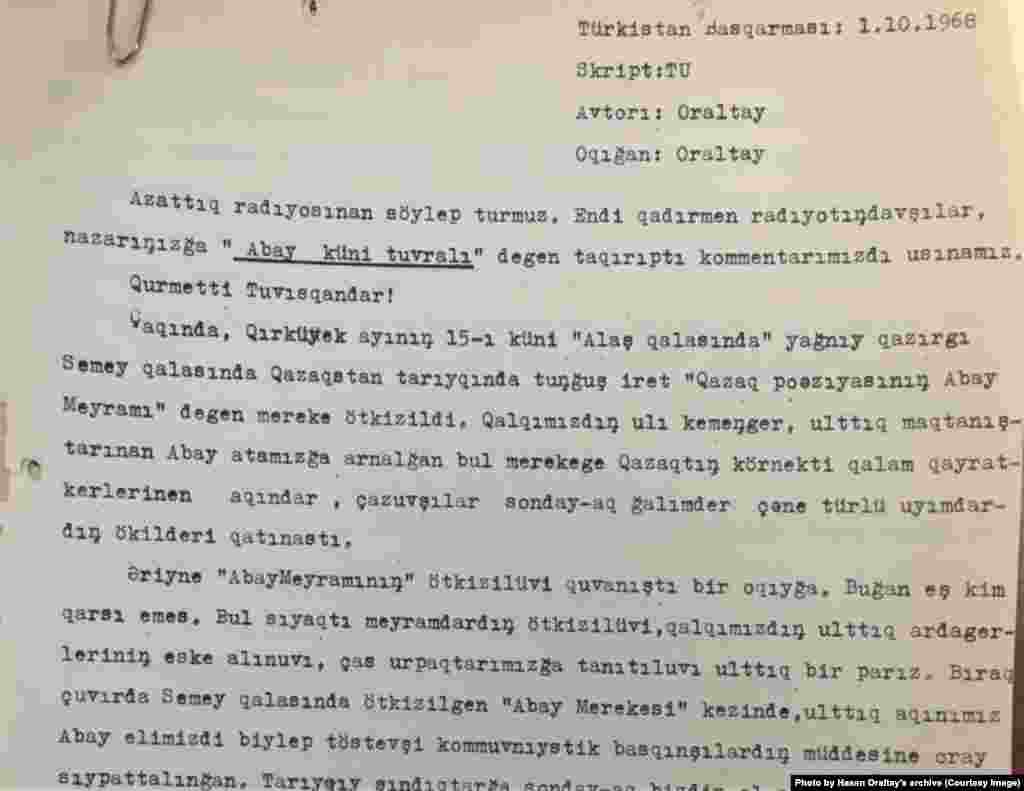 1968 жылғы 15 қыркүйекте Қазақстанда алғаш рет аталып өткен Абай күні туралы Хасен Оралтай әзірлеген хабар. Мюнхен, Батыс Германия, 1 қазан, 1968 жыл