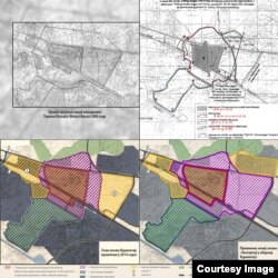 Зьверху зьлева праект 2003 году Косьціч і Кукуні, зьверху справа прынятыя Мінкультам у 2004 годзе зоны мэмарыялу, зьнізу зьлева — прынятыя Мінкультам у 2014 годзе, зьнізу справа — прапанова «Экспэртаў у абарону Курапатаў». Выявы з архіву Марата Гаравога