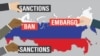 GENERIC – Hands of politicians hold posters with inscriptions - ban, embargo, sanctions. Russian flag on background. Economic and political sanctions are imposed on Russia and individual citizens