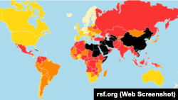 Рэйтынг свабоды прэсы «Рэпартэраў бязь межаў» 2018 году. Сьветла-жоўтыя краіны — самыя свабодныя ў пытаньнях СМІ, чырвоныя — амаль несвабодныя, чорныя — цалкам несвабодныя 