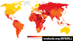 Transparency International ұйымының жемқорлық жайлы рейтингісінің әлем картасы арқылы сипатталуы.